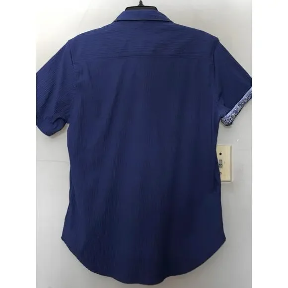 ROBERT GRAHAM NAVY BLUE CRINKLED TEXTURE S/S STRETCH SHIRT ROLL CUFF SZ S